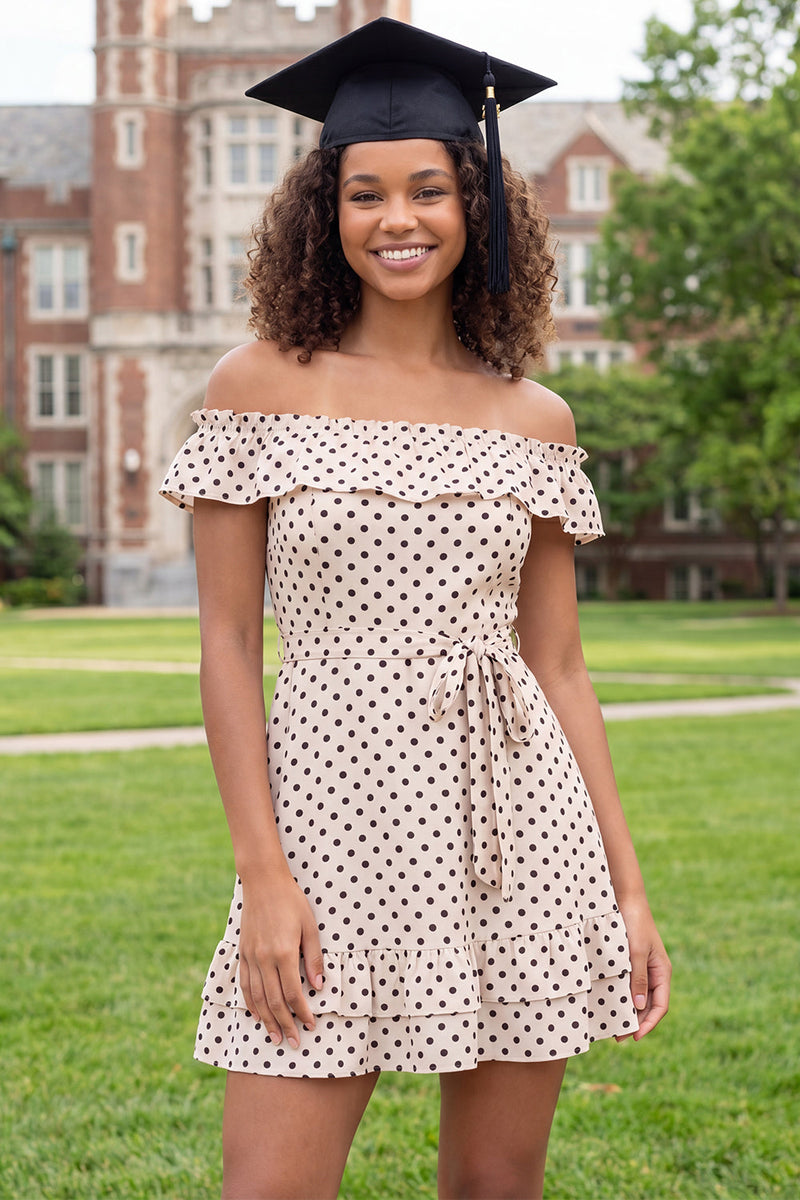 Load image into Gallery viewer, Ruffled Off the Shoulder A Line Black and White Polka Dots Short Graduation Dress with Belt