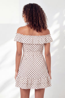 Ruffled Off the Shoulder A Line Black and White Polka Dots Short Graduation Dress with Belt