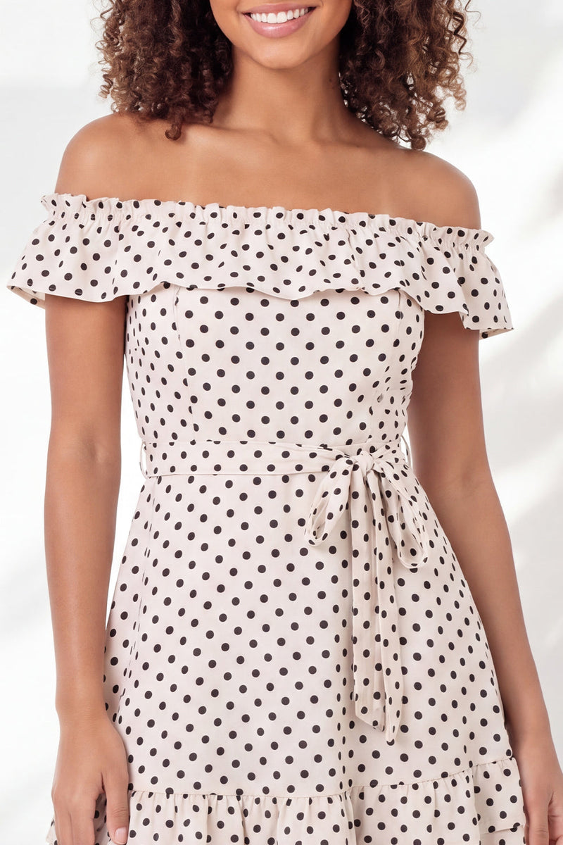 Load image into Gallery viewer, Ruffled Off the Shoulder A Line Black and White Polka Dots Short Graduation Dress with Belt