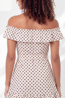 Load image into Gallery viewer, Ruffled Off the Shoulder A Line Black and White Polka Dots Short Graduation Dress with Belt