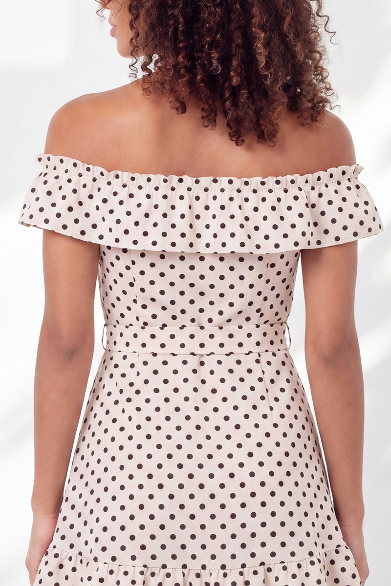 Load image into Gallery viewer, Ruffled Off the Shoulder A Line Black and White Polka Dots Short Graduation Dress with Belt