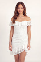 Load image into Gallery viewer, White Lace Off the Shoulder Floral Ruched Short Graduation Dress with Ruffles