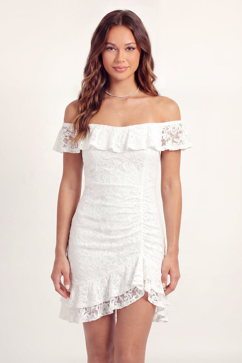 Load image into Gallery viewer, White Lace Off the Shoulder Floral Ruched Short Graduation Dress with Ruffles