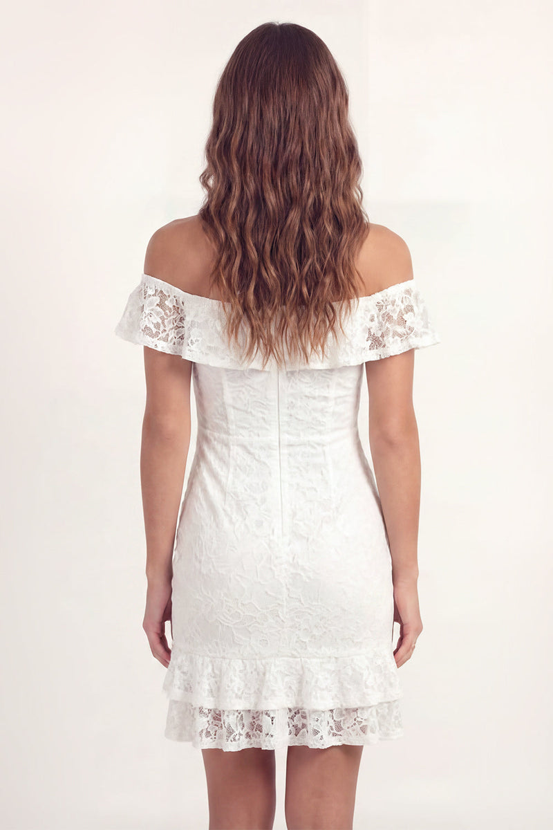 Load image into Gallery viewer, White Lace Off the Shoulder Floral Ruched Short Graduation Dress with Ruffles