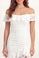 Load image into Gallery viewer, White Lace Off the Shoulder Floral Ruched Short Graduation Dress with Ruffles