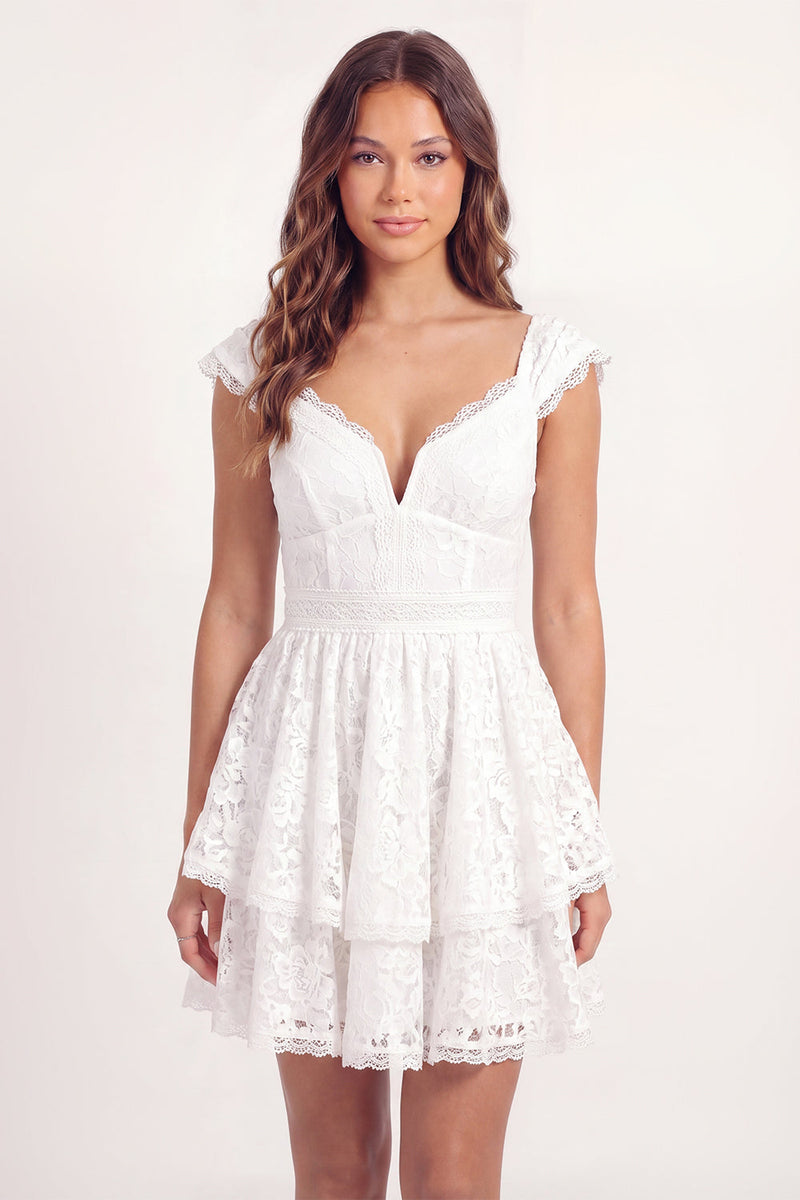 Load image into Gallery viewer, Cap Sleeves V-Neck Floral White Lace Short A Line Graduation Dress