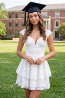 Load image into Gallery viewer, Cap Sleeves V-Neck Floral White Lace Short A Line Graduation Dress