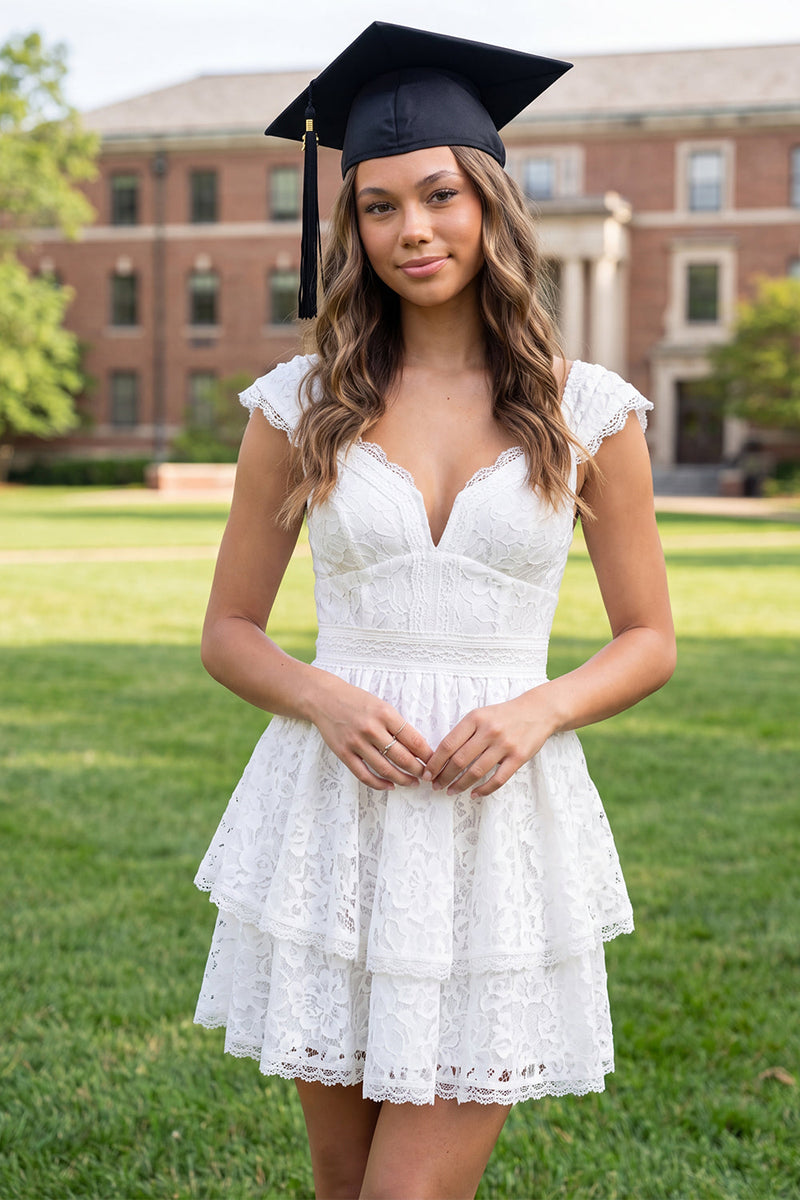 Load image into Gallery viewer, Cap Sleeves V-Neck Floral White Lace Short A Line Graduation Dress