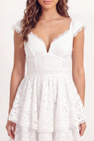 Load image into Gallery viewer, Cap Sleeves V-Neck Floral White Lace Short A Line Graduation Dress
