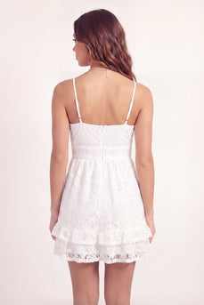 Spaghetti Straps White Floral Short Lace A Line Graduation Dress with Ruffles