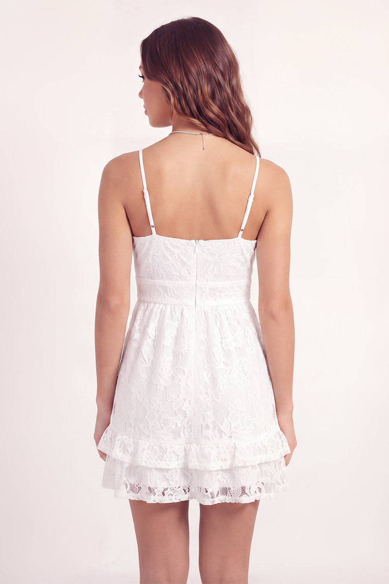 Load image into Gallery viewer, Spaghetti Straps White Floral Short Lace A Line Graduation Dress with Ruffles