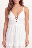 Load image into Gallery viewer, Spaghetti Straps White Floral Short Lace A Line Graduation Dress with Ruffles