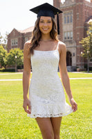 Load image into Gallery viewer, White Floral Short Lace Spaghetti Straps Graduation Dress with Ruffles