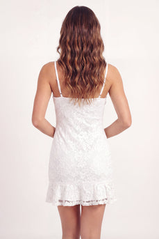 White Floral Short Lace Spaghetti Straps Graduation Dress with Ruffles