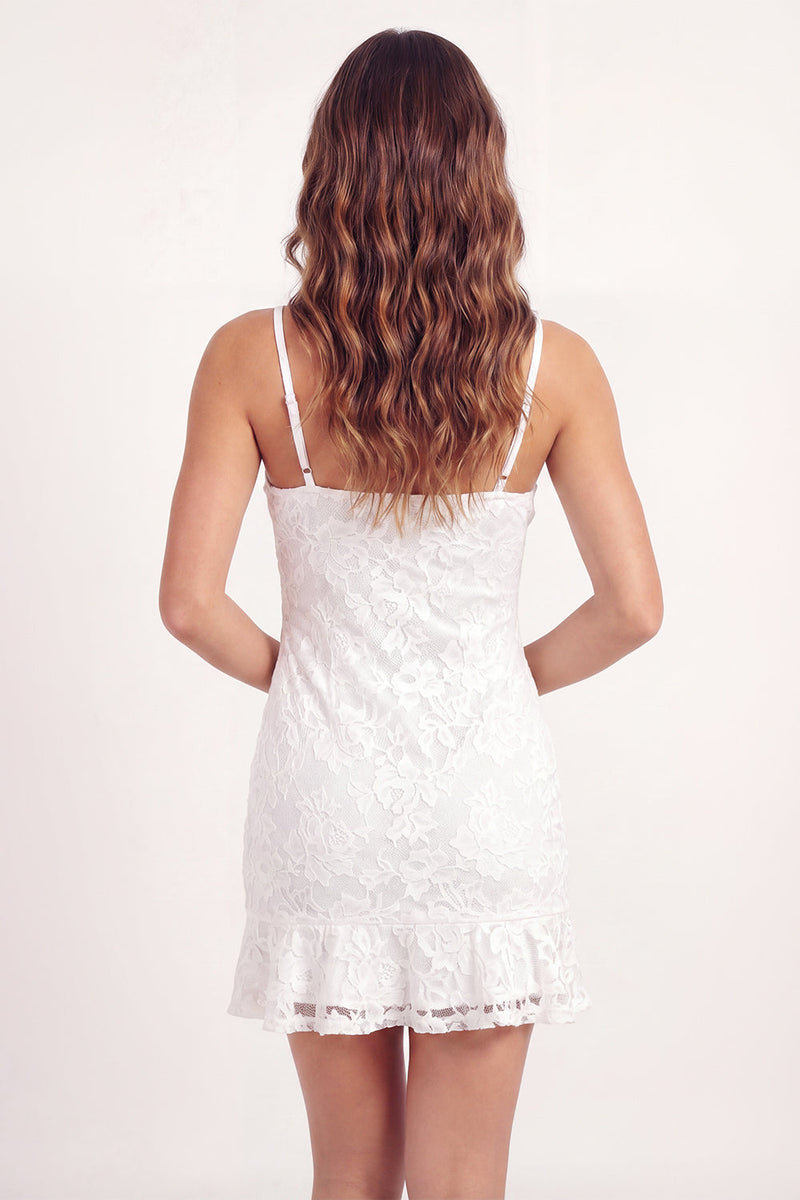 Load image into Gallery viewer, White Floral Short Lace Spaghetti Straps Graduation Dress with Ruffles