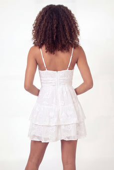 Ruched V-Neck White Floral Lace Short A Line Graduation Dress with Ruffles