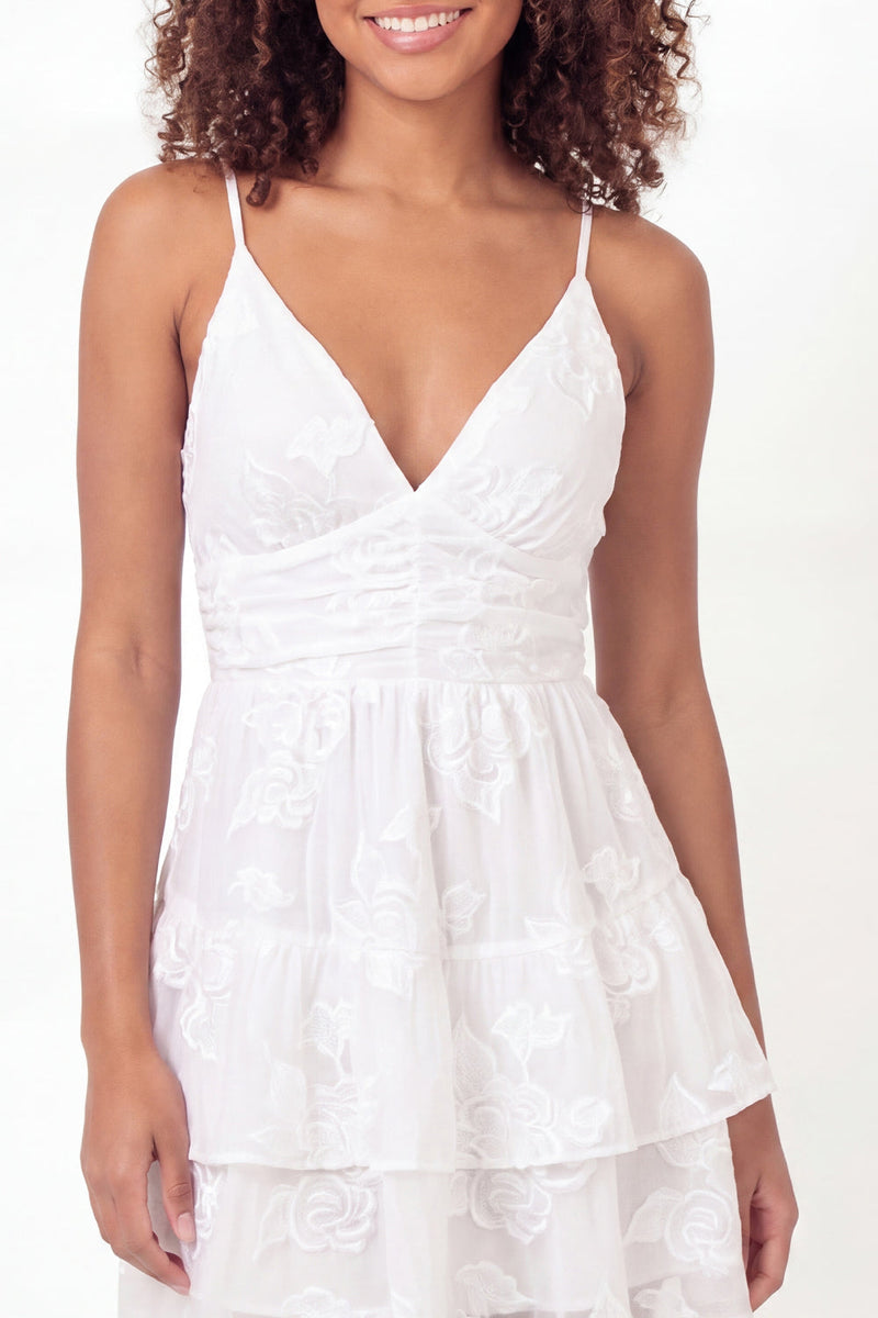 Load image into Gallery viewer, Ruched V-Neck White Floral Lace Short A Line Graduation Dress with Ruffles