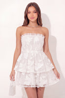 Load image into Gallery viewer, Ruched White Floral Strapless Short A Line Graduation Dress with Ruffles
