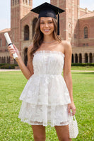 Load image into Gallery viewer, Ruched White Floral Strapless Short A Line Graduation Dress with Ruffles