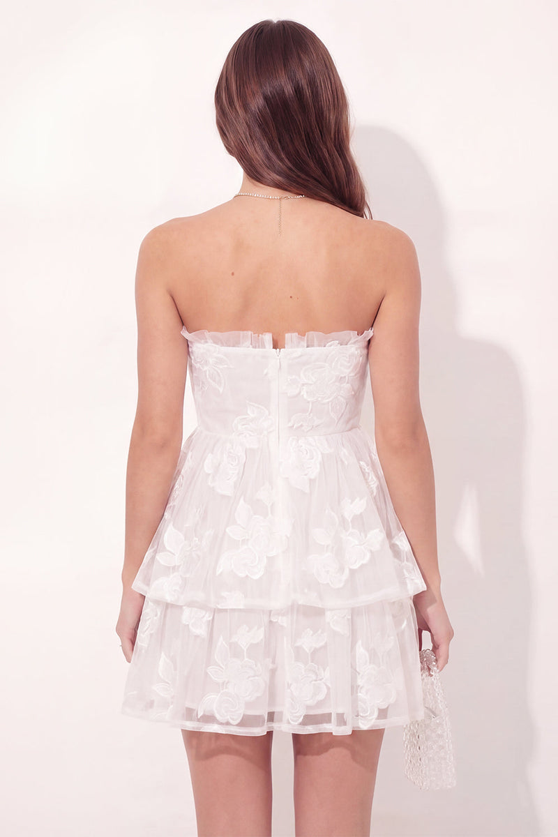 Load image into Gallery viewer, Ruched White Floral Strapless Short A Line Graduation Dress with Ruffles
