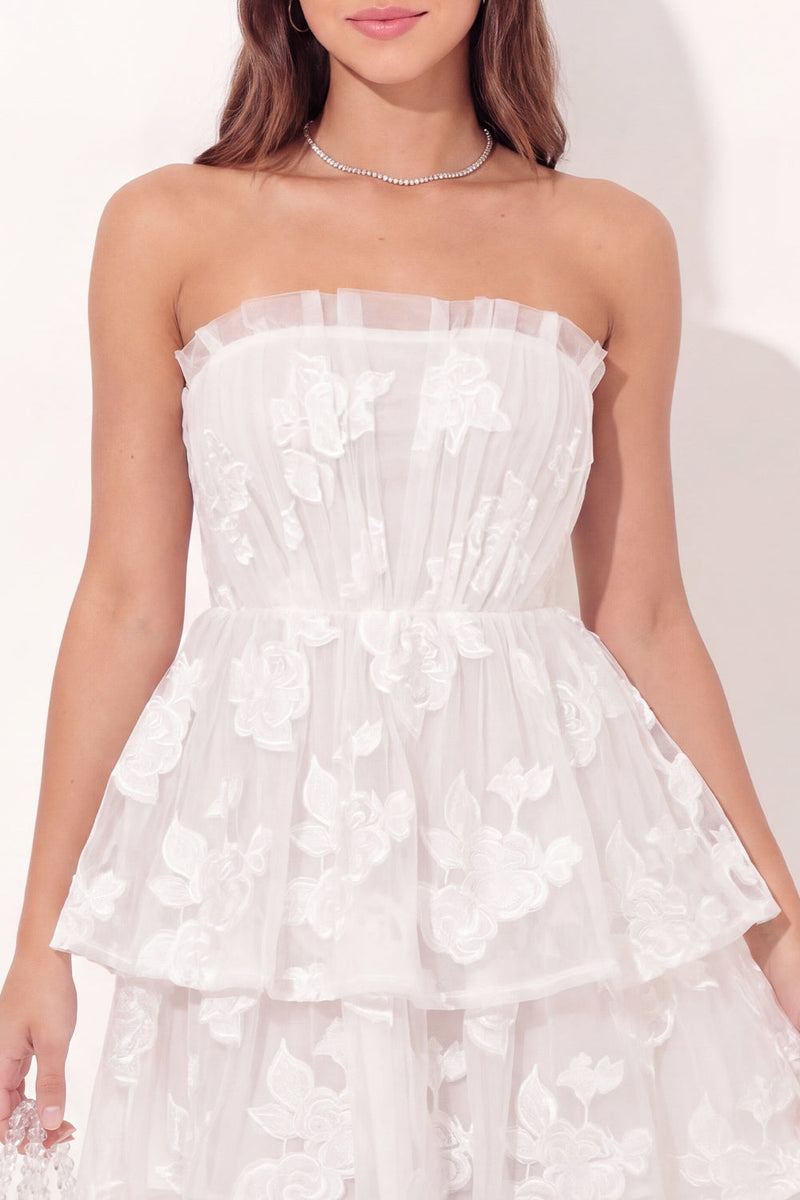 Load image into Gallery viewer, Ruched White Floral Strapless Short A Line Graduation Dress with Ruffles