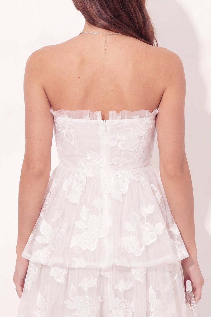 Load image into Gallery viewer, Ruched White Floral Strapless Short A Line Graduation Dress with Ruffles