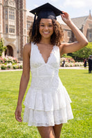 Load image into Gallery viewer, V-Neck Ruffled Floral White Short Ruched A Line Graduation Dress with Lace