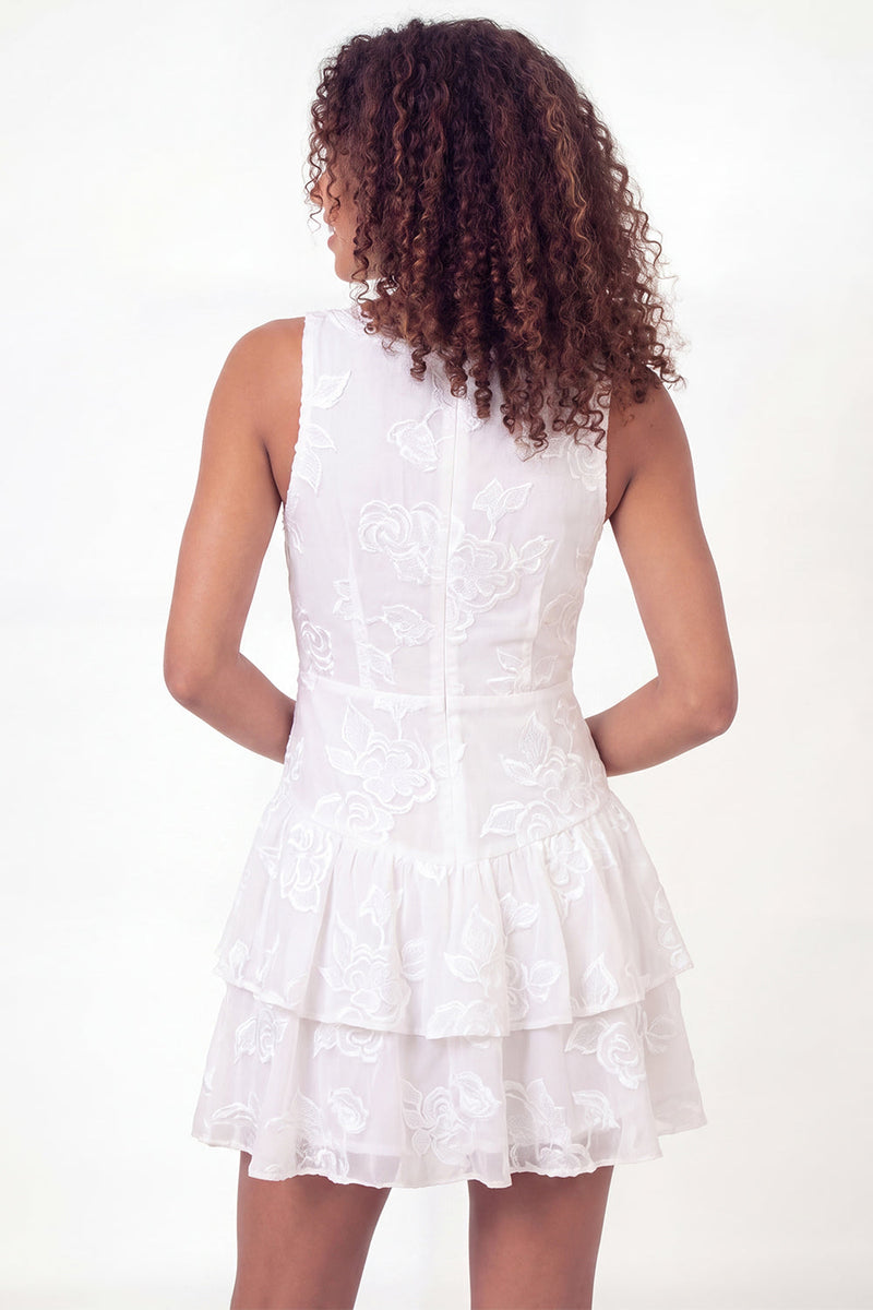Load image into Gallery viewer, V-Neck Ruffled Floral White Short Ruched A Line Graduation Dress with Lace