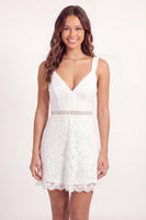 Load image into Gallery viewer, Lace V-Neck White Floral A Line Short Graduation Dress