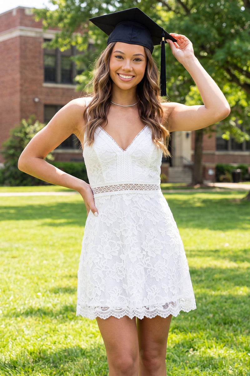 Load image into Gallery viewer, Lace V-Neck White Floral A Line Short Graduation Dress
