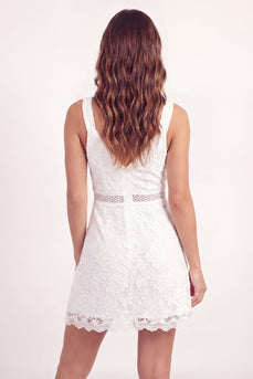 Lace V-Neck White Floral A Line Short Graduation Dress