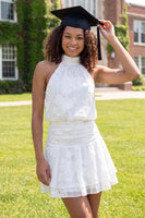 Load image into Gallery viewer, High Neck Floral White A Line Open Back Short Graduation Dress with Ruffles