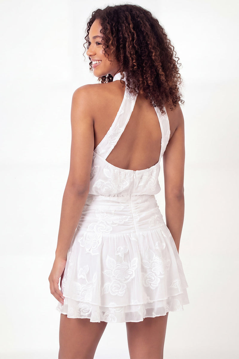 Load image into Gallery viewer, High Neck Floral White A Line Open Back Short Graduation Dress with Ruffles