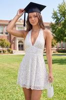 Load image into Gallery viewer, Sparkly White Halter A Line Backless Short Sequin Graduation Dress