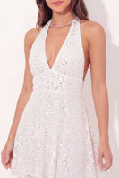 Load image into Gallery viewer, Sparkly White Halter A Line Backless Short Sequin Graduation Dress