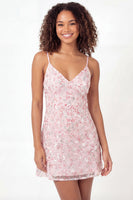Load image into Gallery viewer, Sparkly Spaghetti Straps Pink Short A Line Floral Sequin Graduation Dress