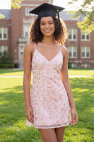 Load image into Gallery viewer, Sparkly Spaghetti Straps Pink Short A Line Floral Sequin Graduation Dress