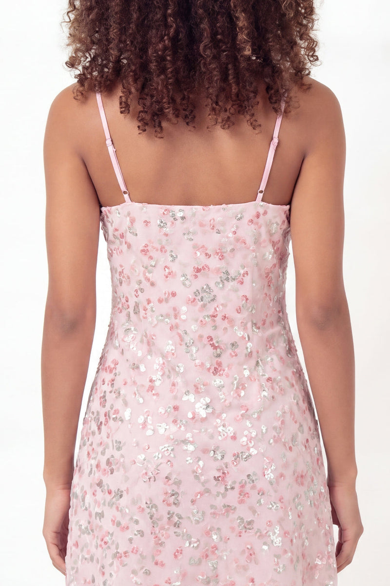 Load image into Gallery viewer, Sparkly Spaghetti Straps Pink Short A Line Floral Sequin Graduation Dress