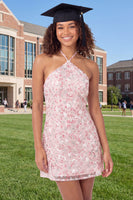 Load image into Gallery viewer, Sparkly Halter Pink Short A Line Floral Sequin Graduation Dress