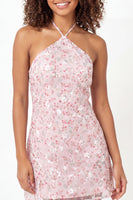 Load image into Gallery viewer, Sparkly Halter Pink Short A Line Floral Sequin Graduation Dress