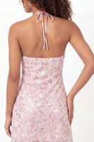 Load image into Gallery viewer, Sparkly Halter Pink Short A Line Floral Sequin Graduation Dress