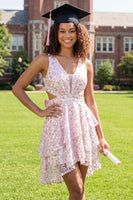 Load image into Gallery viewer, Sparkly White Pink Flower Short A Line Ruffled Graduation Dress with Bow