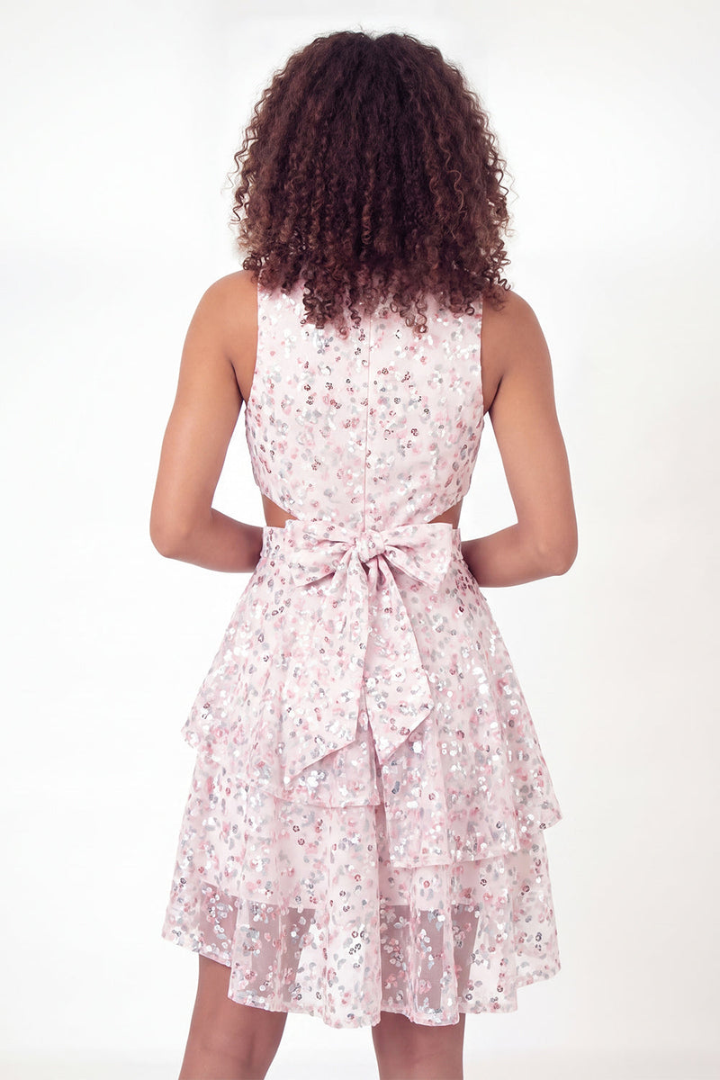 Load image into Gallery viewer, Sparkly White Pink Flower Short A Line Ruffled Graduation Dress with Bow