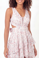 Load image into Gallery viewer, Sparkly White Pink Flower Short A Line Ruffled Graduation Dress with Bow