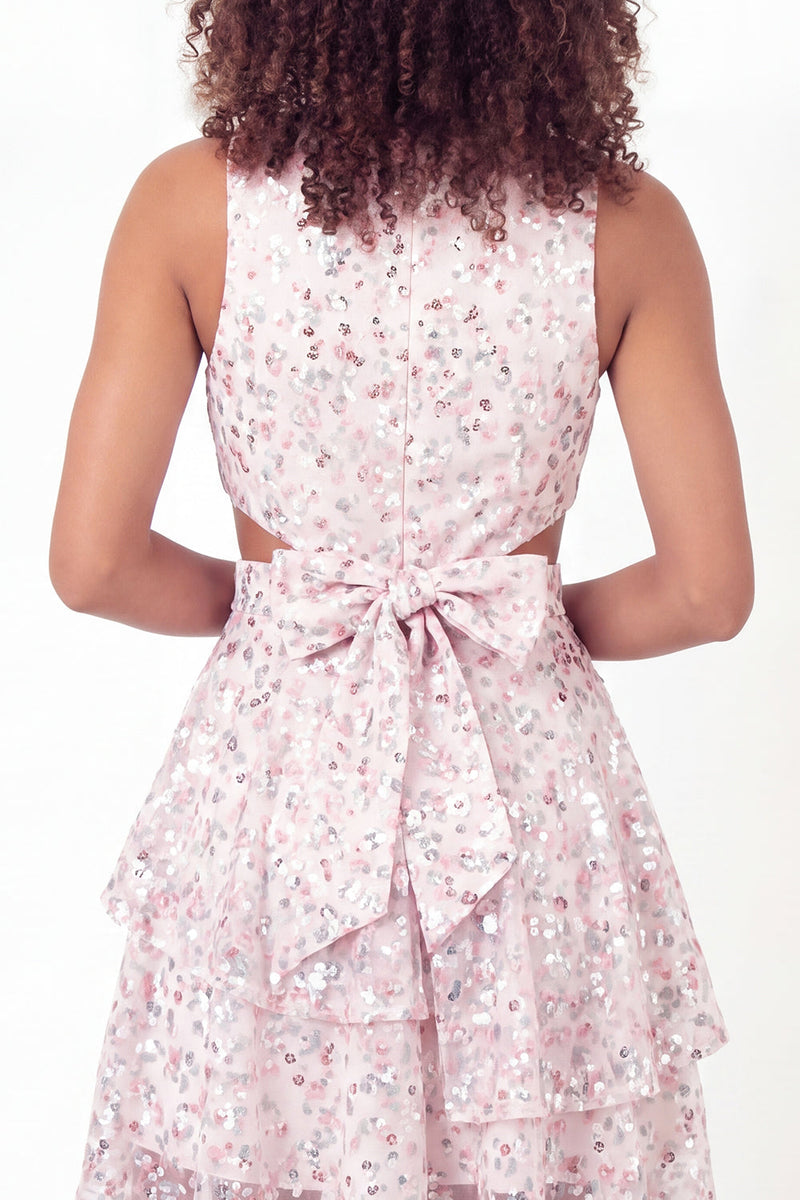 Load image into Gallery viewer, Sparkly White Pink Flower Short A Line Ruffled Graduation Dress with Bow