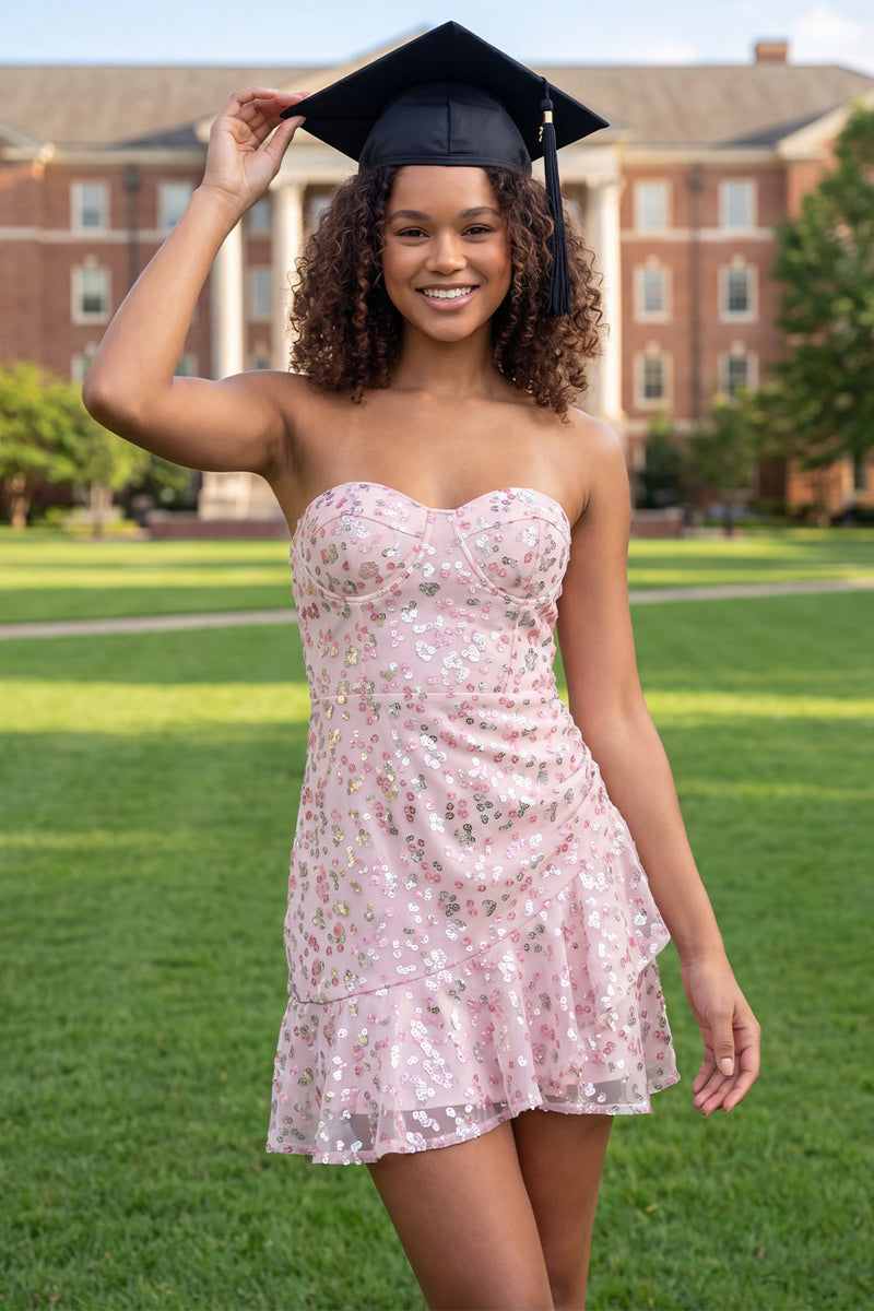 Load image into Gallery viewer, Sparkly Pink A Line Floral Short Sequin Graduation Dress with Ruffles