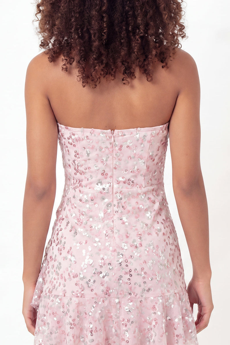 Load image into Gallery viewer, Sparkly Pink A Line Floral Short Sequin Graduation Dress with Ruffles