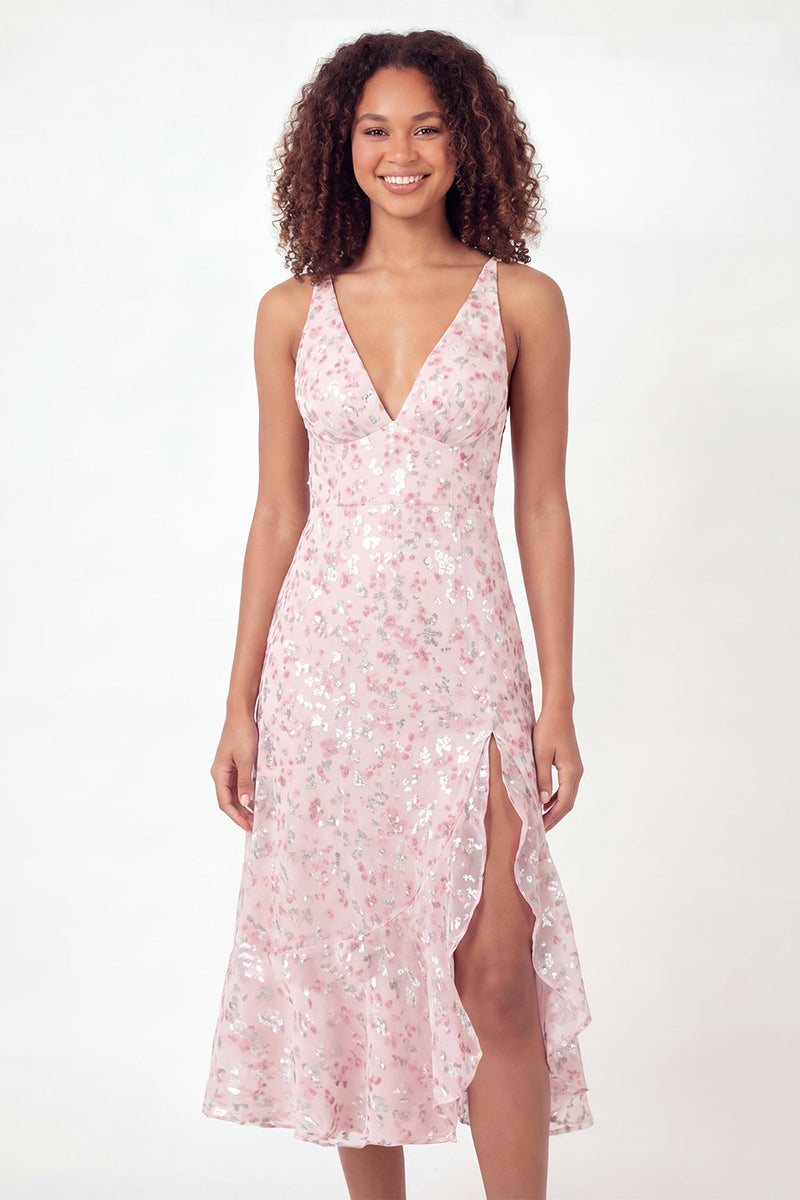Load image into Gallery viewer, Sparkly V-Neck Pink Ruffled Midi Sequin A Line Floral Graduation Dress with Slit