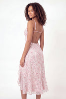 Load image into Gallery viewer, Sparkly V-Neck Pink Ruffled Midi Sequin A Line Floral Graduation Dress with Slit