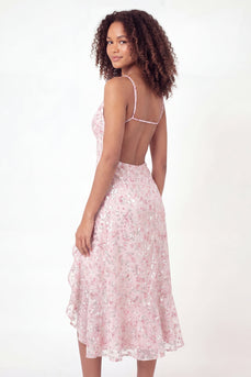 Sparkly V-Neck Pink Ruffled Midi Sequin A Line Floral Graduation Dress with Slit